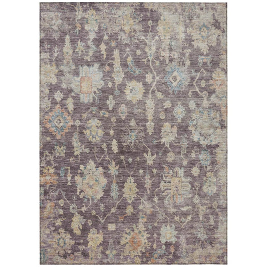 3' X 5' Eggplant Beige And Blue Floral Washable Indoor Outdoor Area Rug