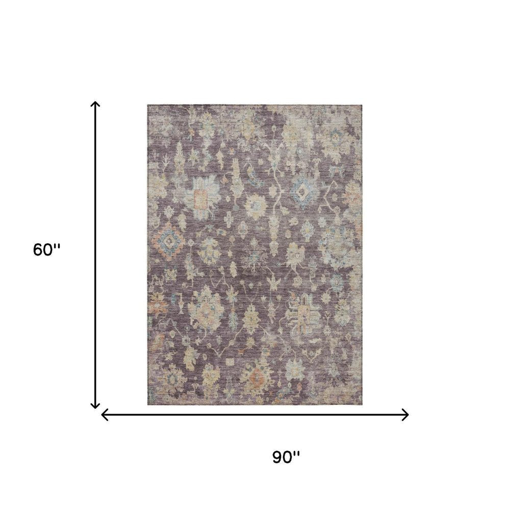5' X 8' Eggplant Beige And Blue Floral Washable Indoor Outdoor Area Rug HomeRoots