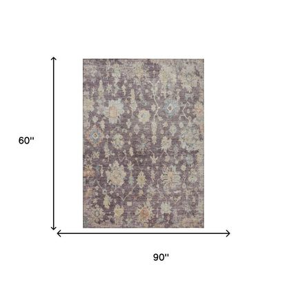 5' X 8' Eggplant Beige And Blue Floral Washable Indoor Outdoor Area Rug HomeRoots