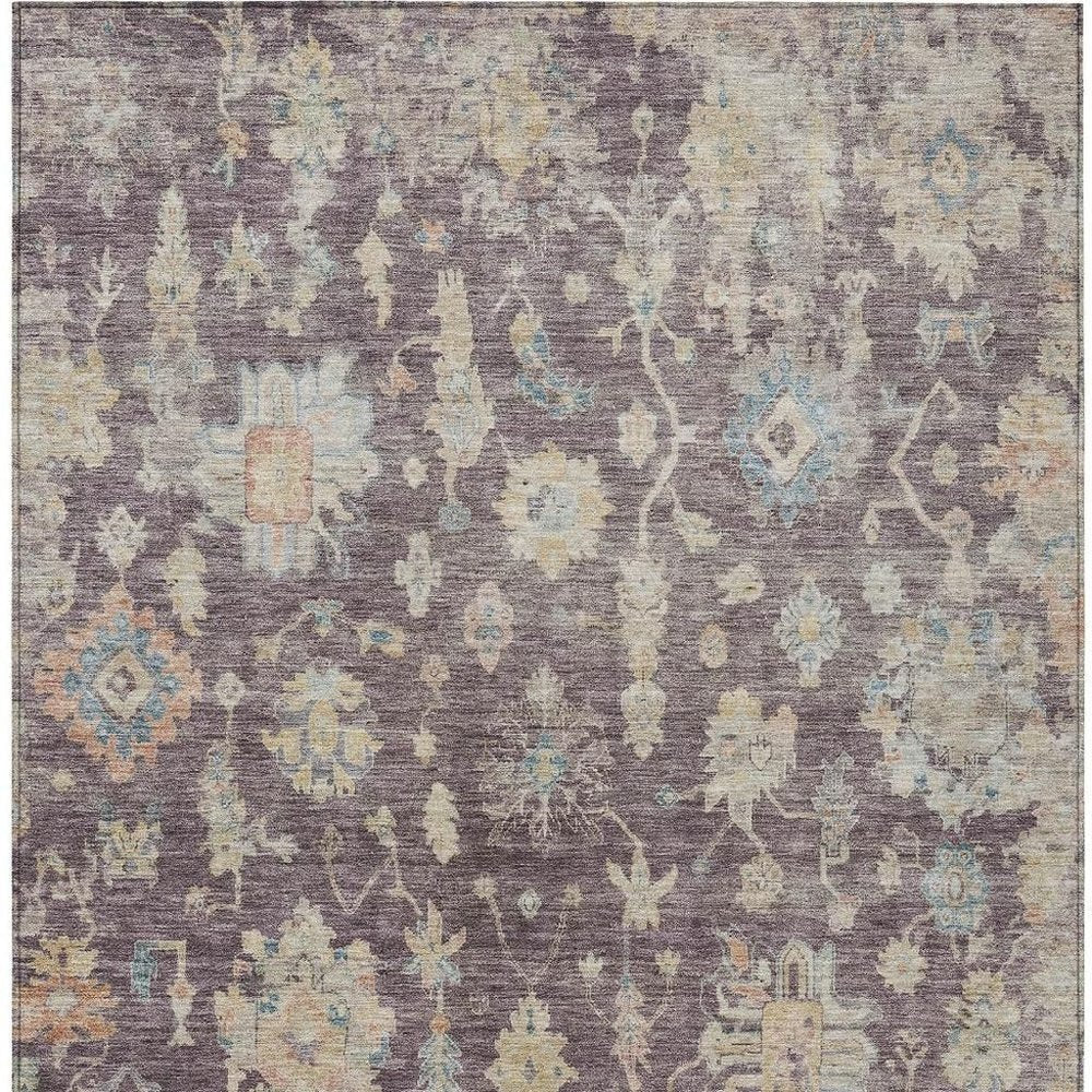 5' X 8' Eggplant Beige And Blue Floral Washable Indoor Outdoor Area Rug HomeRoots