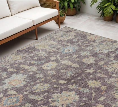 5' X 8' Eggplant Beige And Blue Floral Washable Indoor Outdoor Area Rug HomeRoots