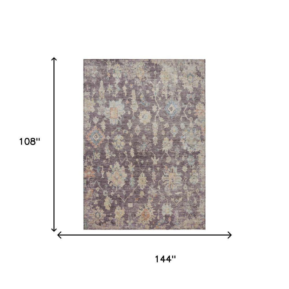 9' X 12' Eggplant Beige And Blue Floral Washable Indoor Outdoor Area Rug HomeRoots
