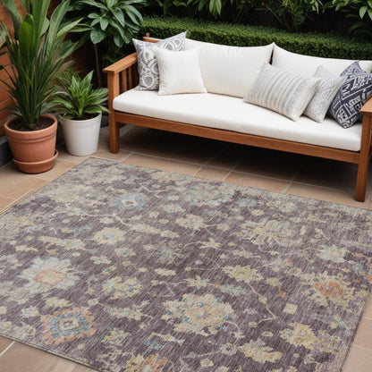 9' X 12' Eggplant Beige And Blue Floral Washable Indoor Outdoor Area Rug HomeRoots