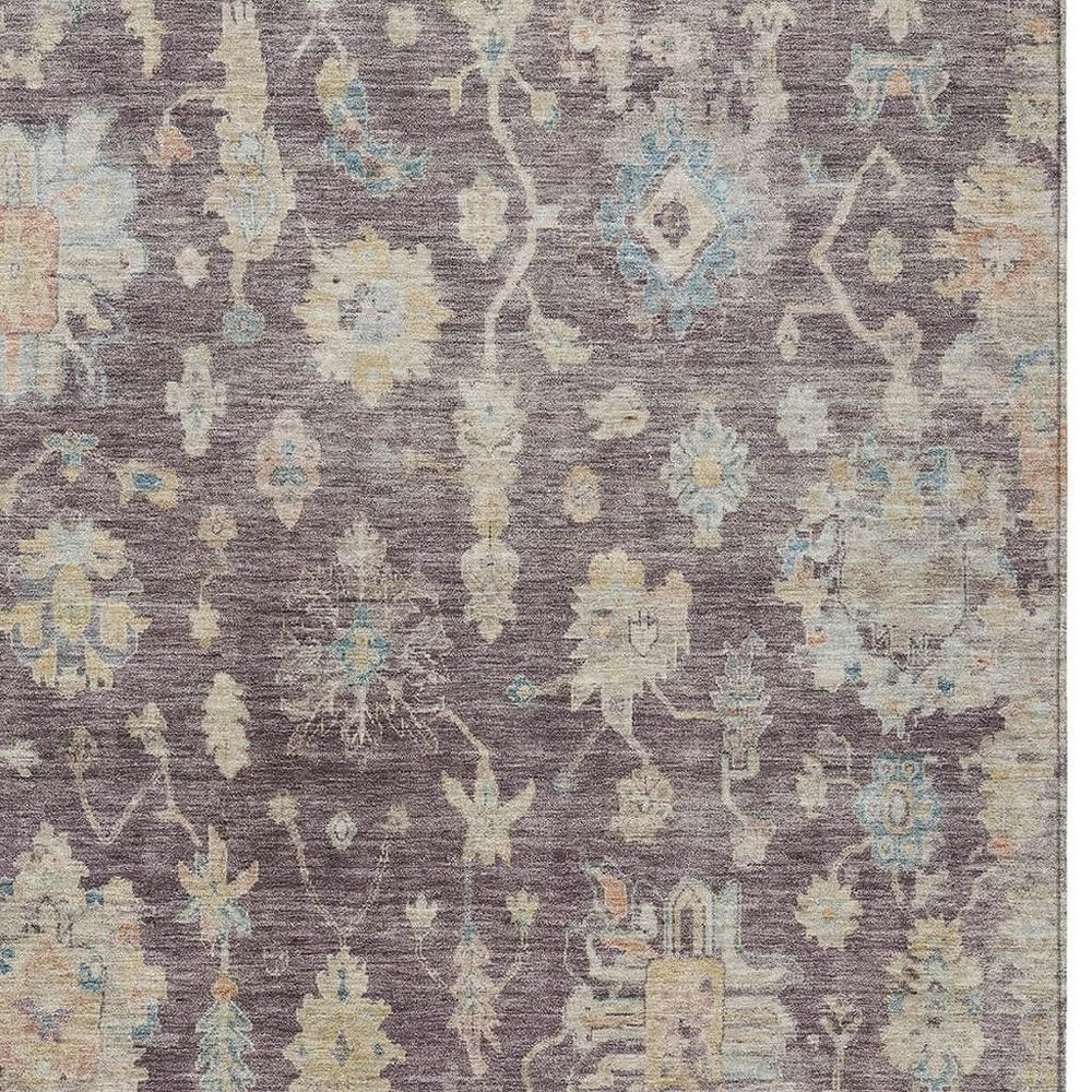 9' X 12' Eggplant Beige And Blue Floral Washable Indoor Outdoor Area Rug — view 5
