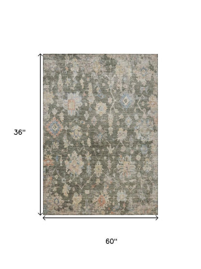 3' X 5' Fern Green Beige And Blue Floral Washable Indoor Outdoor Area Rug HomeRoots