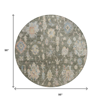 8' Fern Green Beige And Blue Round Floral Washable Indoor Outdoor Area Rug