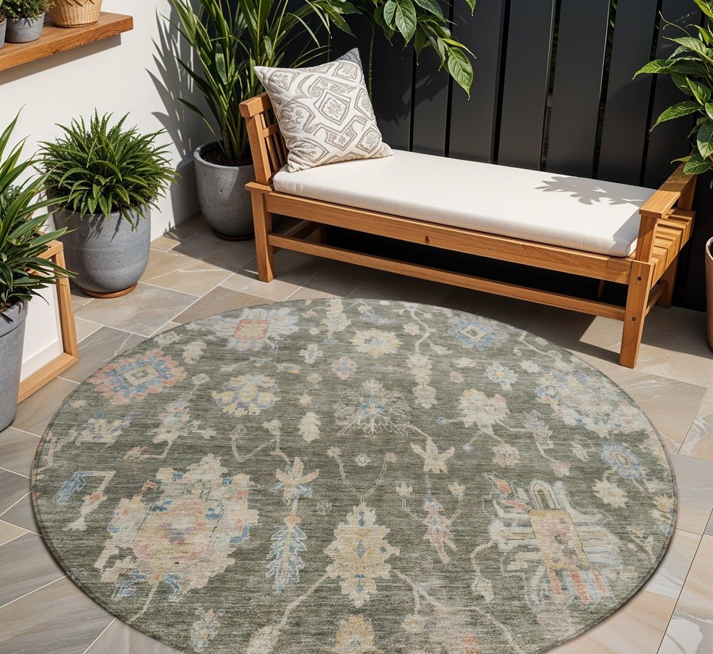 8' Fern Green Beige And Blue Round Floral Washable Indoor Outdoor Area Rug HomeRoots