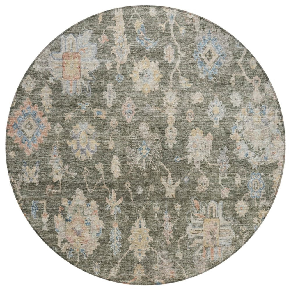8' Fern Green Beige And Blue Round Floral Washable Indoor Outdoor Area Rug