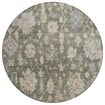 8' Fern Green Beige And Blue Round Floral Washable Indoor Outdoor Area Rug