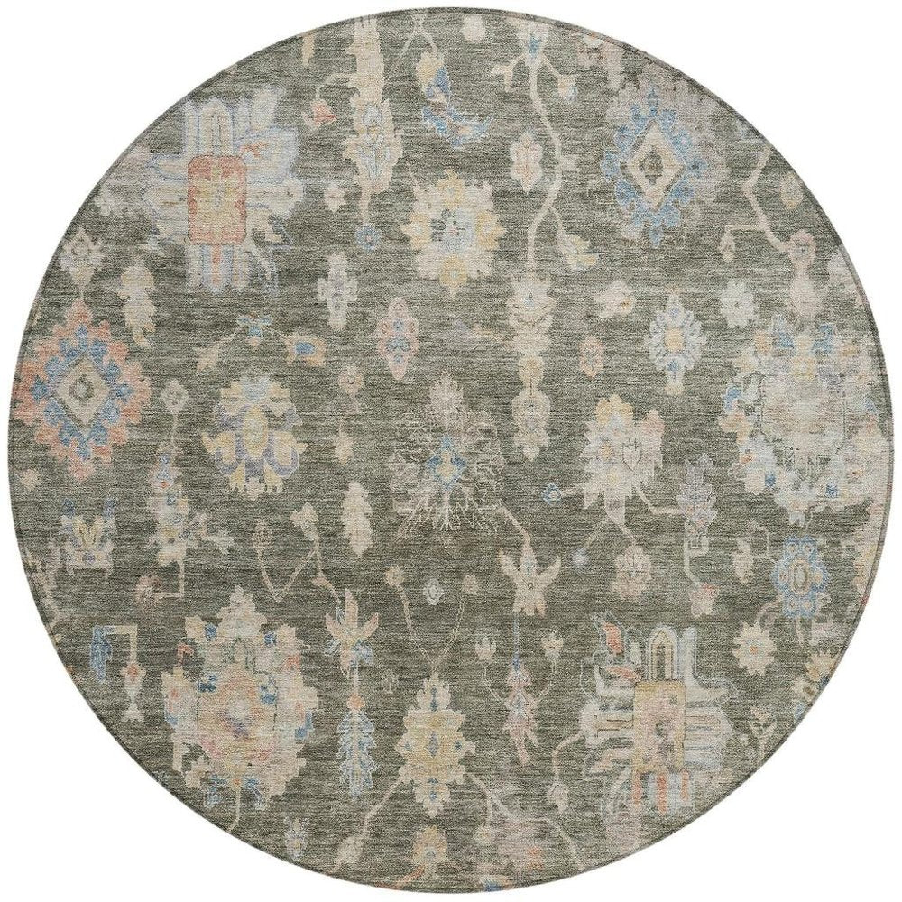 8' Fern Green Beige And Blue Round Floral Washable Indoor Outdoor Area Rug HomeRoots