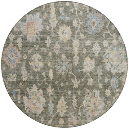 8' Fern Green Beige And Blue Round Floral Washable Indoor Outdoor Area Rug HomeRoots