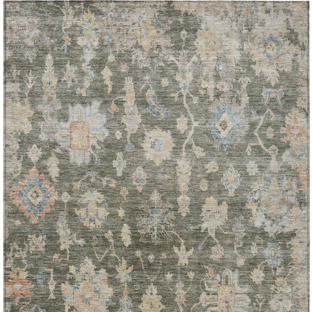 8' X 10' Fern Green Beige And Blue Floral Washable Indoor Outdoor Area Rug