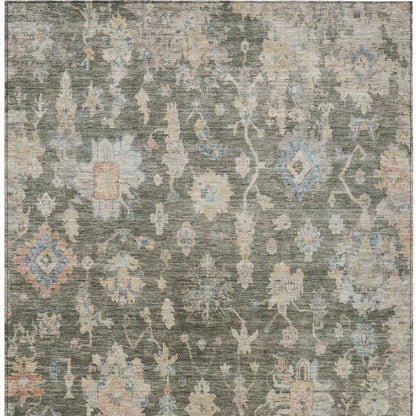 8' X 10' Fern Green Beige And Blue Floral Washable Indoor Outdoor Area Rug