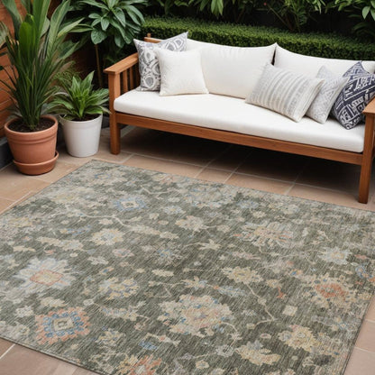 8' X 10' Fern Green Beige And Blue Floral Washable Indoor Outdoor Area Rug
