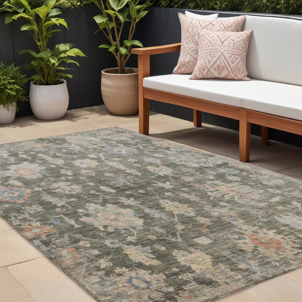 9' X 12' Fern Green Beige And Blue Floral Washable Indoor Outdoor Area Rug