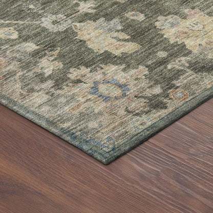 9' X 12' Fern Green Beige And Blue Floral Washable Indoor Outdoor Area Rug