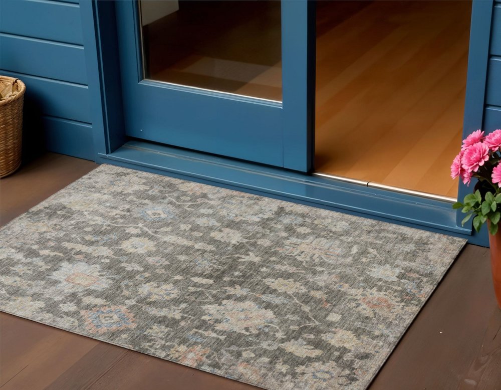 3' X 5' Gray Beige And Blue Floral Washable Indoor Outdoor Area Rug HomeRoots