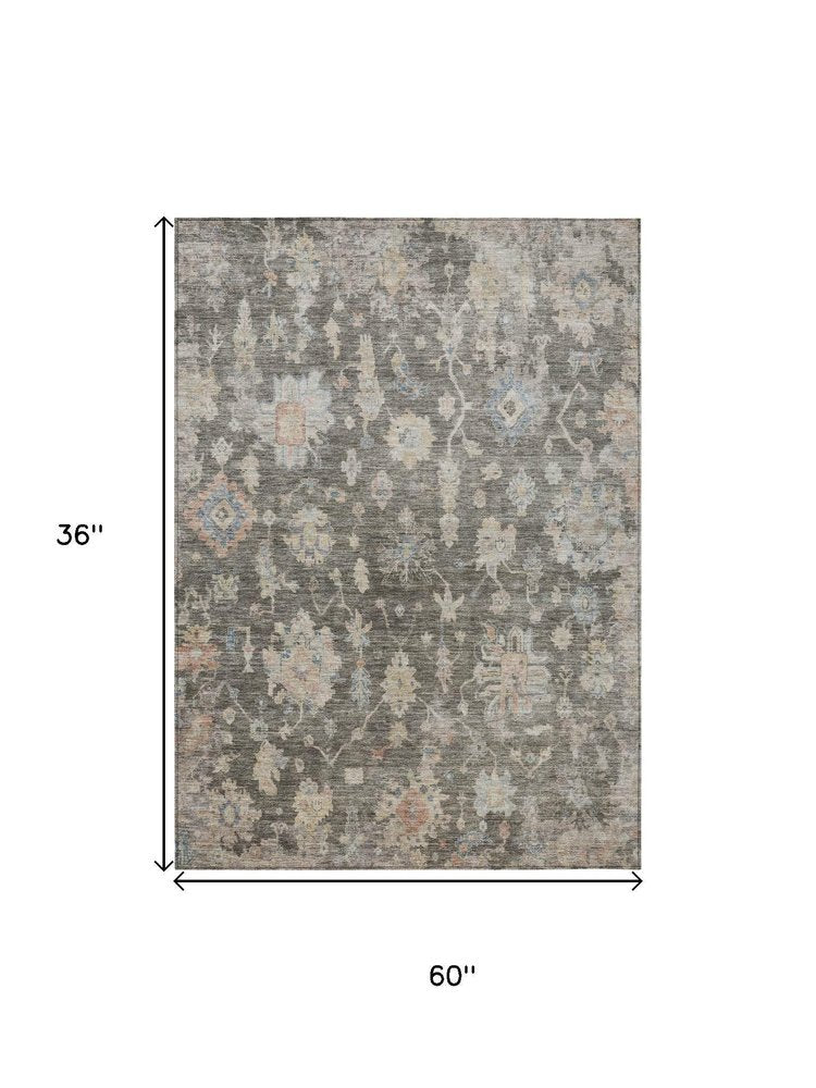 3' X 5' Gray Beige And Blue Floral Washable Indoor Outdoor Area Rug — view 5