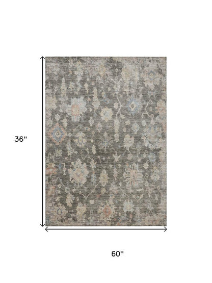3' X 5' Gray Beige And Blue Floral Washable Indoor Outdoor Area Rug HomeRoots