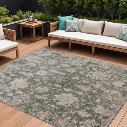 9' X 12' Gray Beige And Blue Floral Washable Indoor Outdoor Area Rug HomeRoots