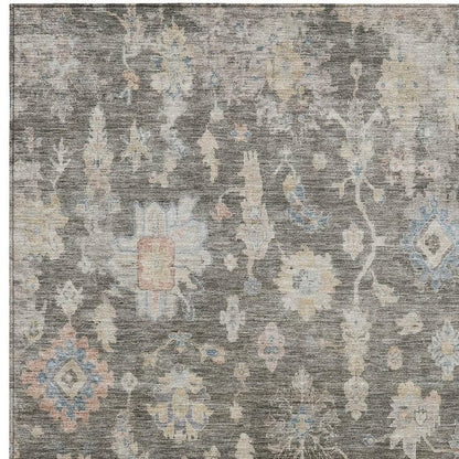 9' X 12' Gray Beige And Blue Floral Washable Indoor Outdoor Area Rug HomeRoots