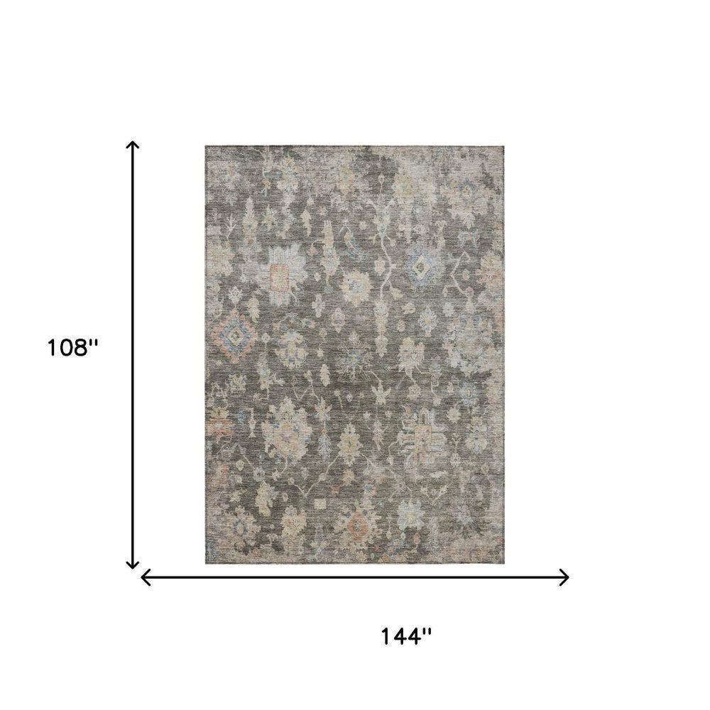 9' X 12' Gray Beige And Blue Floral Washable Indoor Outdoor Area Rug — view 6