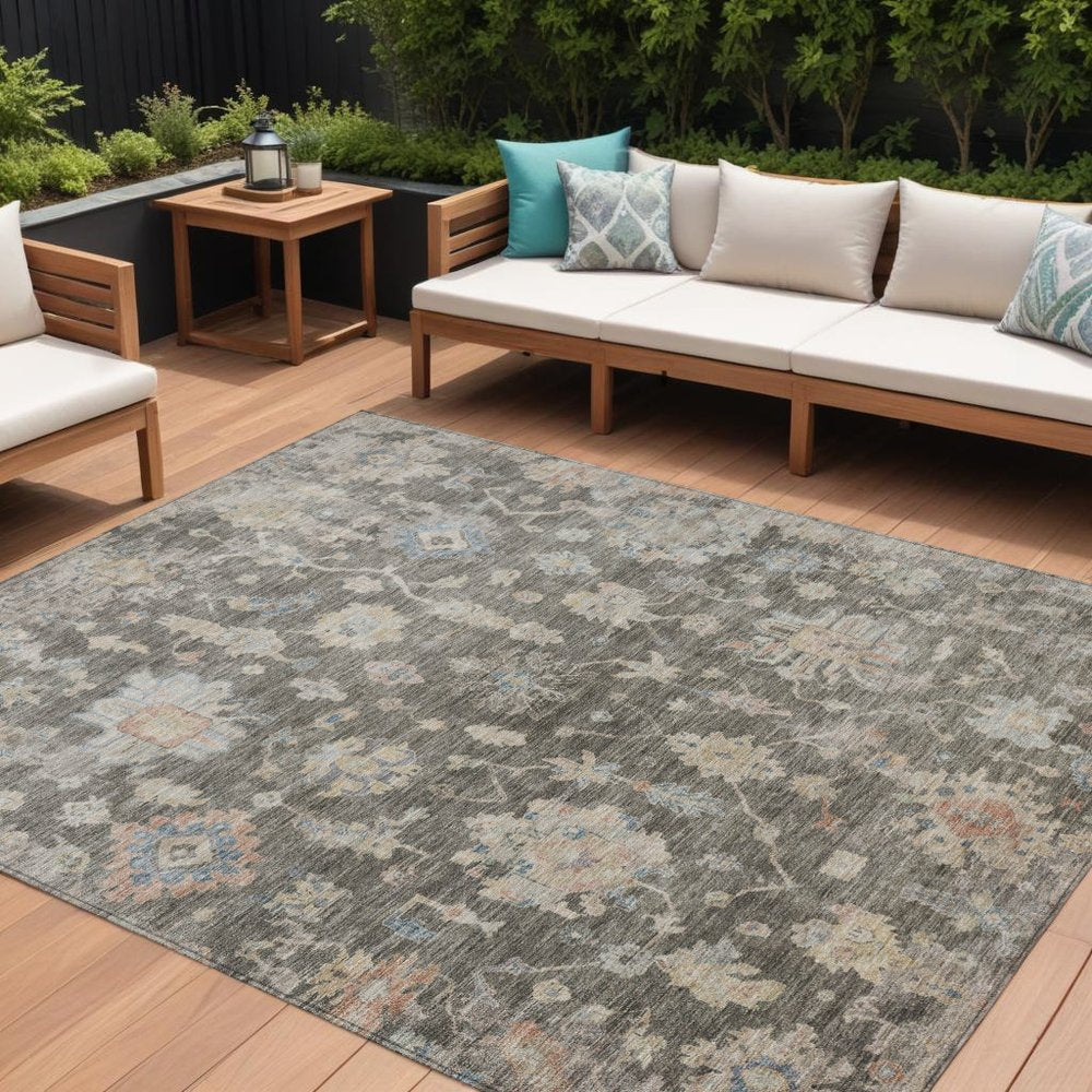 10' X 14' Gray Beige And Blue Floral Washable Indoor Outdoor Area Rug