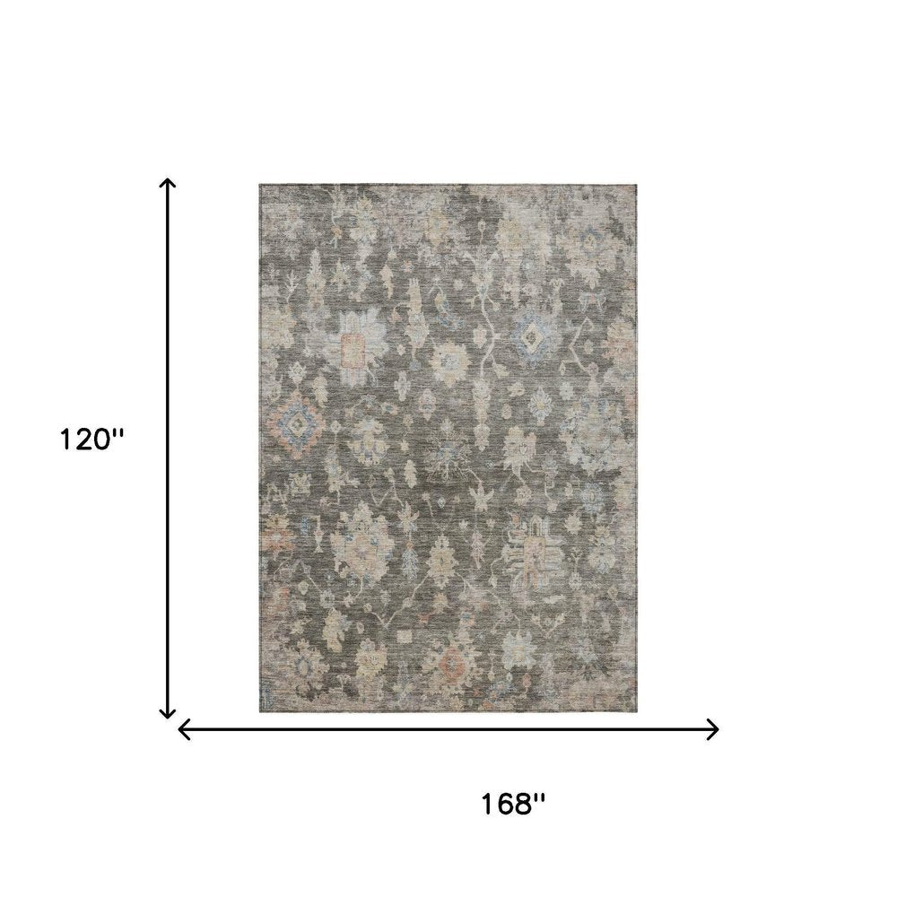 10' X 14' Gray Beige And Blue Floral Washable Indoor Outdoor Area Rug