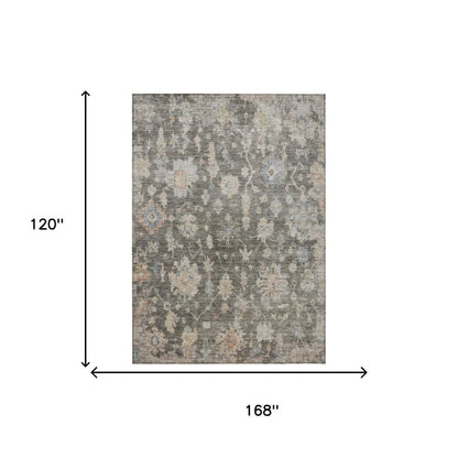 10' X 14' Gray Beige And Blue Floral Washable Indoor Outdoor Area Rug