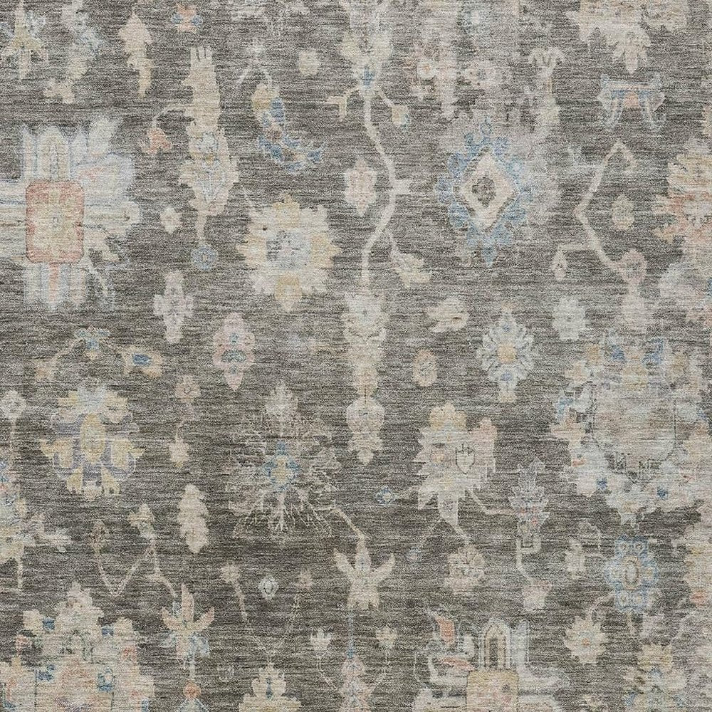 10' X 14' Gray Beige And Blue Floral Washable Indoor Outdoor Area Rug