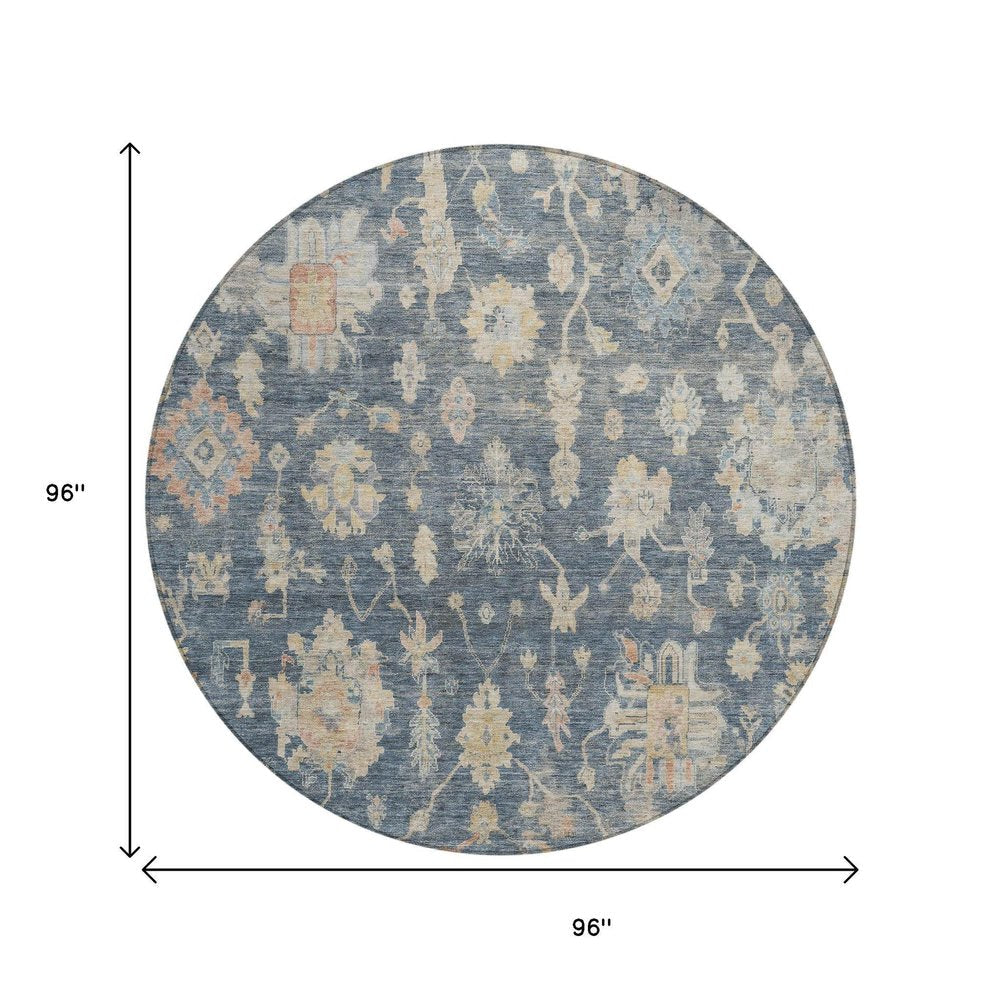 8' Navy Blue Beige And Rust Round Floral Washable Indoor Outdoor Area Rug — view 5
