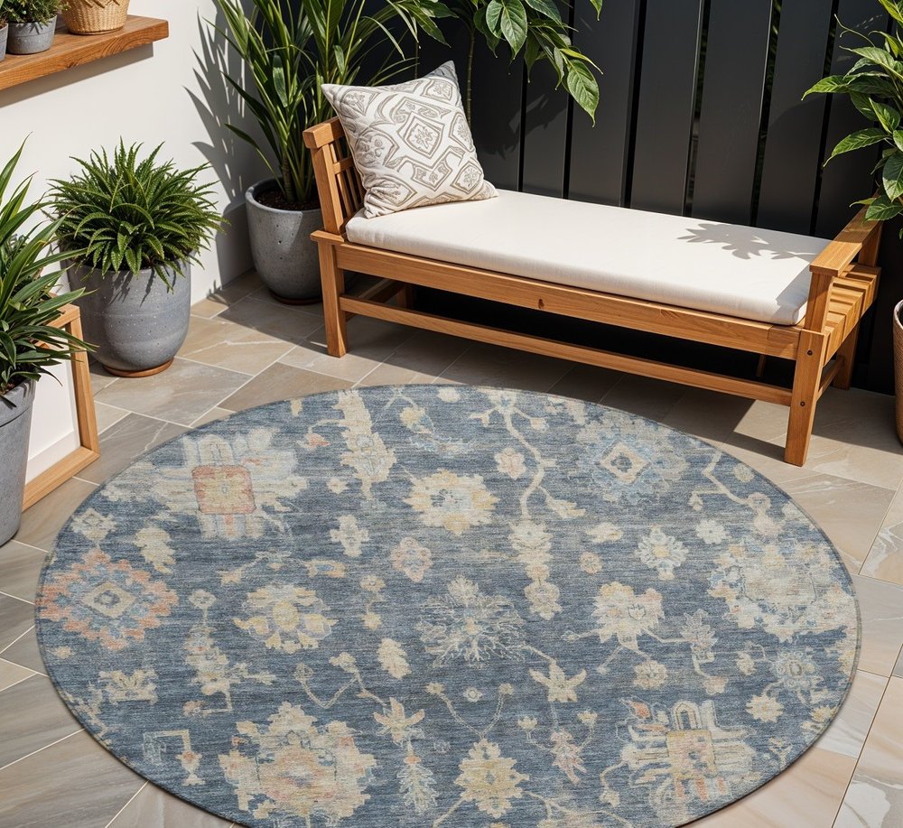 8' Navy Blue Beige And Rust Round Floral Washable Indoor Outdoor Area Rug — view 6