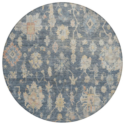 8' Navy Blue Beige And Rust Round Floral Washable Indoor Outdoor Area Rug