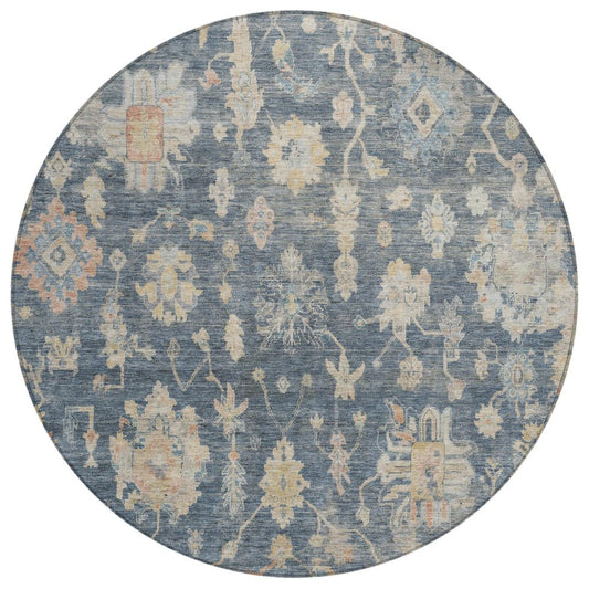 8' Navy Blue Beige And Rust Round Floral Washable Indoor Outdoor Area Rug