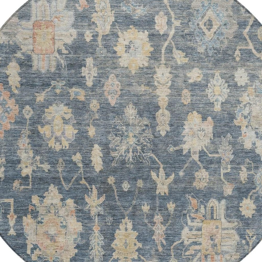 8' Navy Blue Beige And Rust Round Floral Washable Indoor Outdoor Area Rug HomeRoots