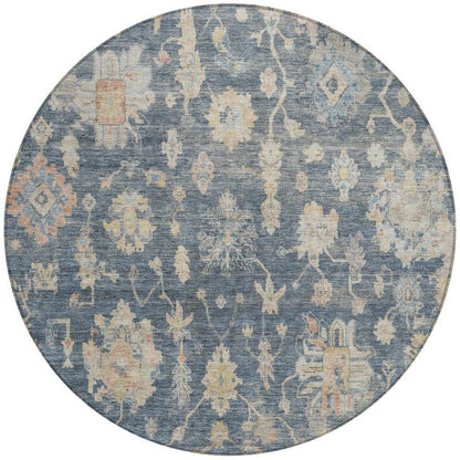 8' Navy Blue Beige And Rust Round Floral Washable Indoor Outdoor Area Rug HomeRoots
