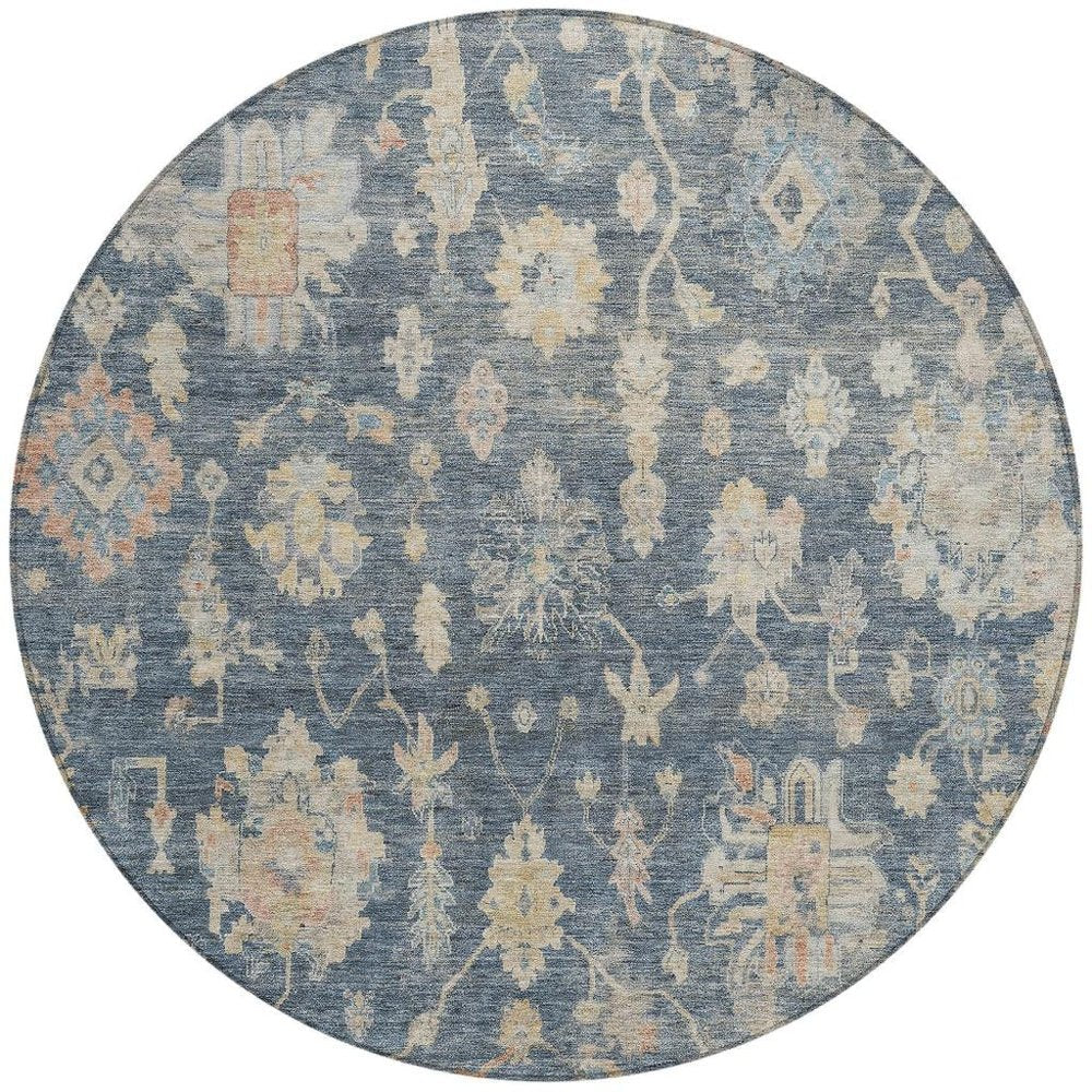 8' Navy Blue Beige And Rust Round Floral Washable Indoor Outdoor Area Rug — view 4