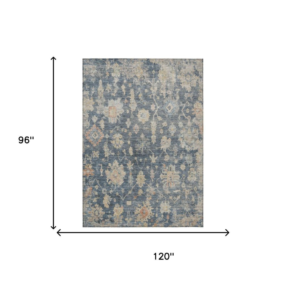 8' X 10' Navy Blue Beige And Rust Floral Washable Indoor Outdoor Area Rug — view 6