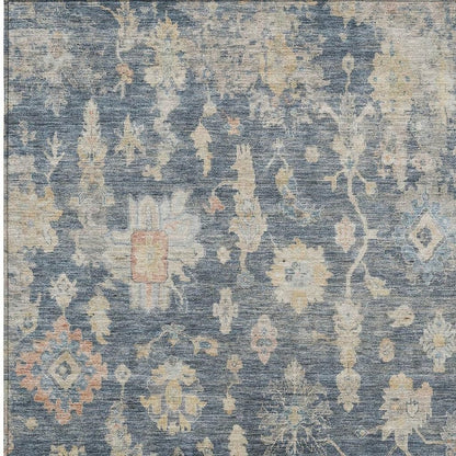 8' X 10' Navy Blue Beige And Rust Floral Washable Indoor Outdoor Area Rug
