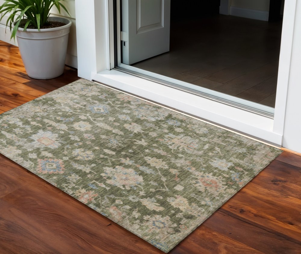 3' X 5' Olive Green Beige And Blue Floral Washable Indoor Outdoor Area Rug HomeRoots
