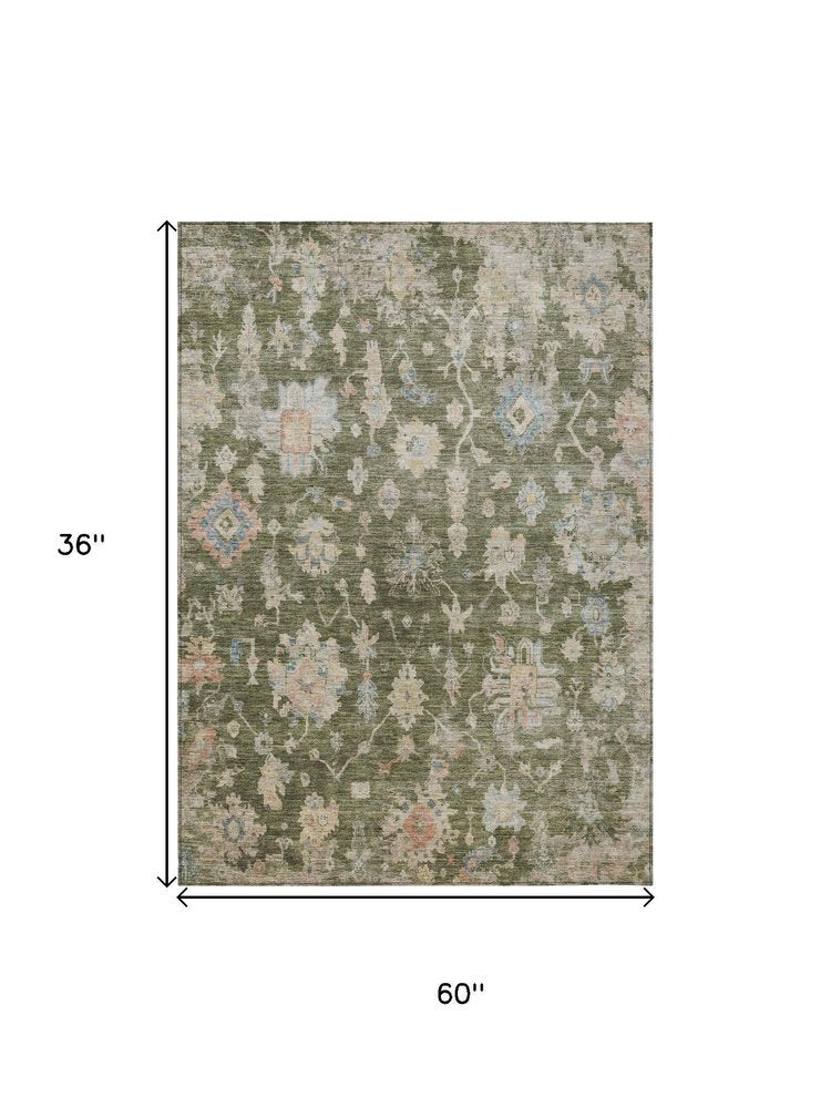 3' X 5' Olive Green Beige And Blue Floral Washable Indoor Outdoor Area Rug HomeRoots
