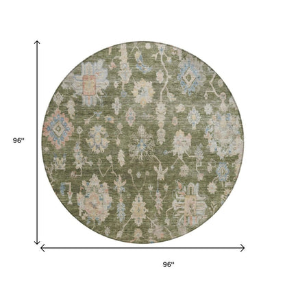 8' Olive Green Beige And Blue Round Floral Washable Indoor Outdoor Area Rug HomeRoots