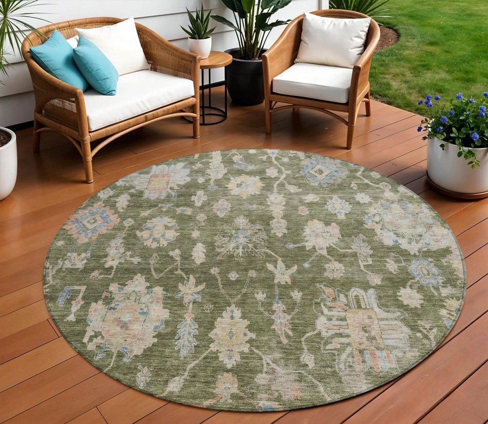 8' Olive Green Beige And Blue Round Floral Washable Indoor Outdoor Area Rug HomeRoots
