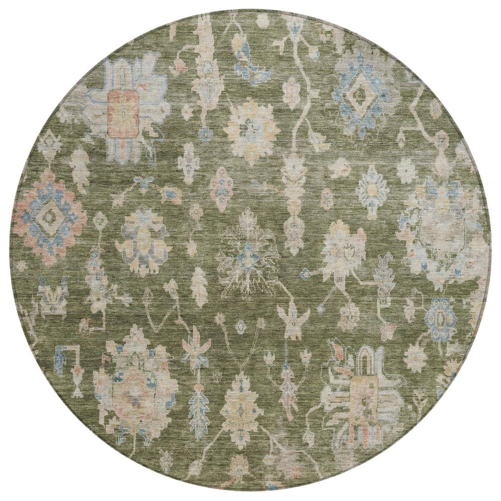 8' Olive Green Beige And Blue Round Floral Washable Indoor Outdoor Area Rug — view 1
