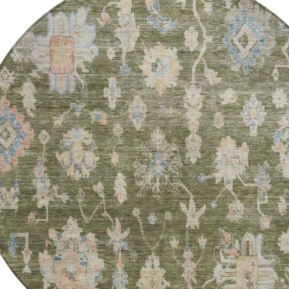 8' Olive Green Beige And Blue Round Floral Washable Indoor Outdoor Area Rug HomeRoots