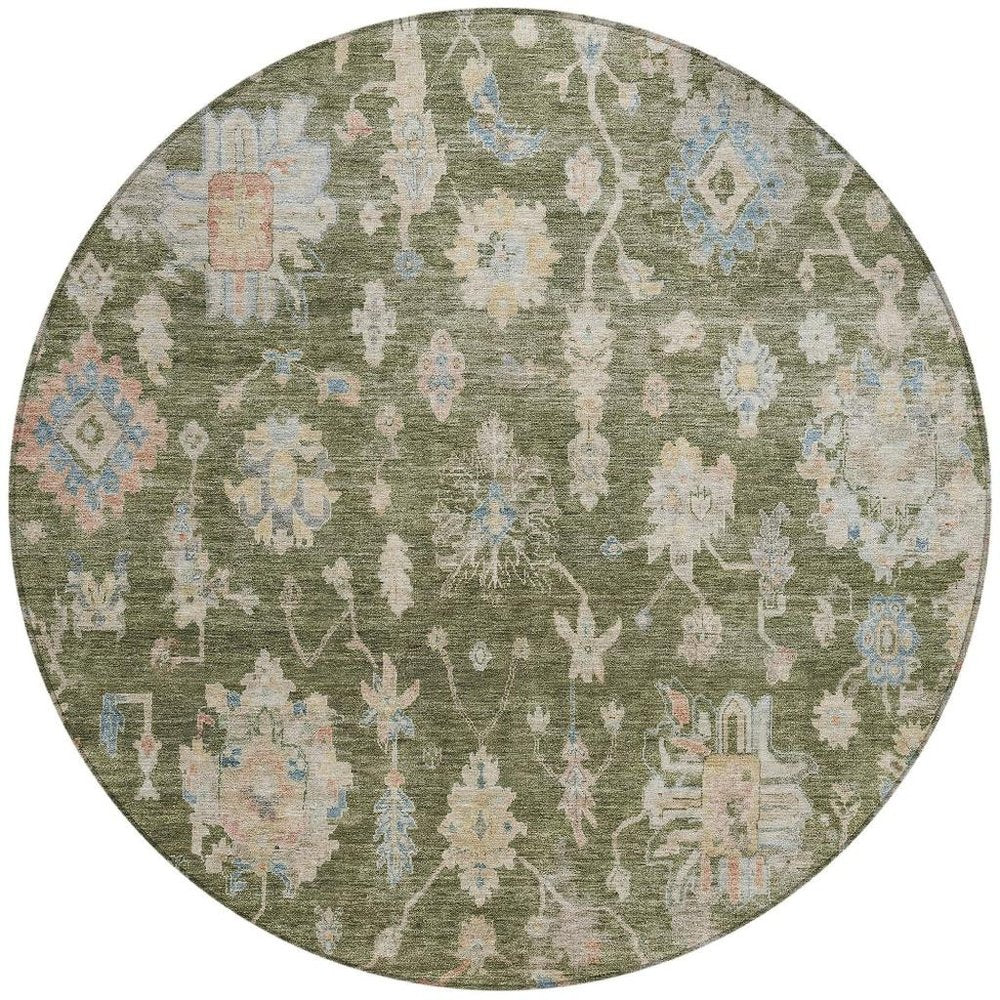 8' Olive Green Beige And Blue Round Floral Washable Indoor Outdoor Area Rug — view 10