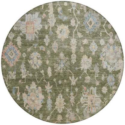 8' Olive Green Beige And Blue Round Floral Washable Indoor Outdoor Area Rug HomeRoots