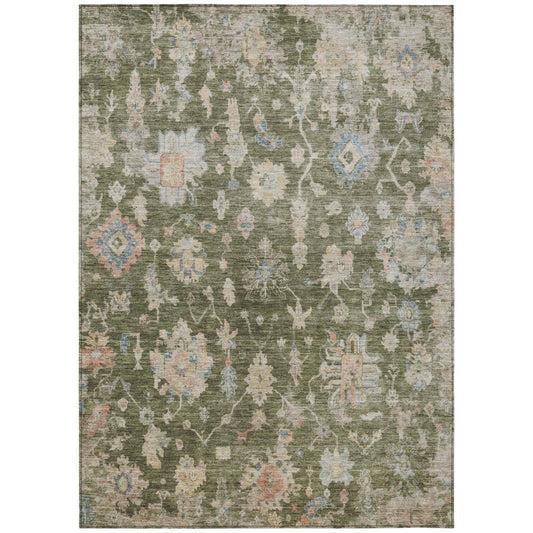 8' X 10' Olive Green Beige And Blue Floral Washable Indoor Outdoor Area Rug
