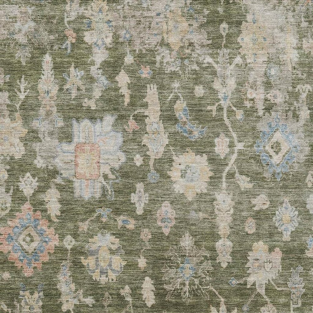 8' X 10' Olive Green Beige And Blue Floral Washable Indoor Outdoor Area Rug HomeRoots