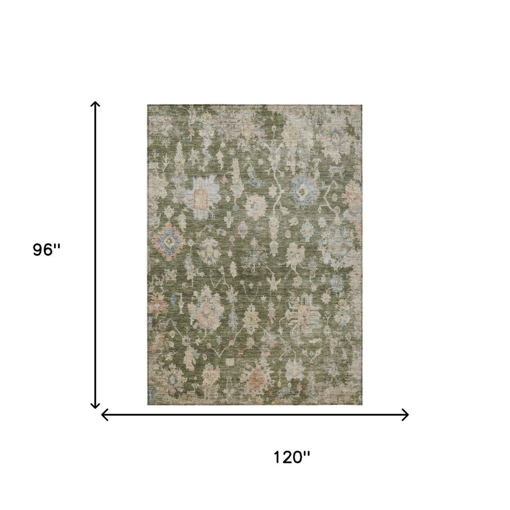 8' X 10' Olive Green Beige And Blue Floral Washable Indoor Outdoor Area Rug — view 5